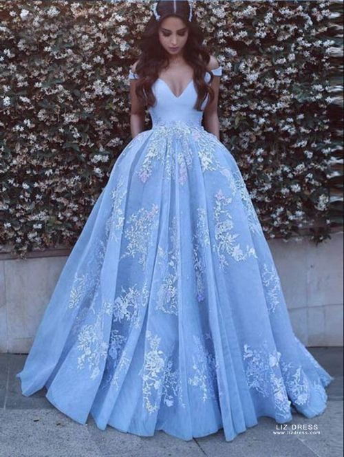 light blue off the shoulder ball gown