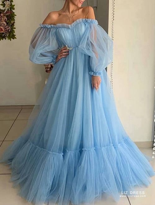 Blue Off-the-shoulder Tulle Ruffled Long Formal Prom Dress
