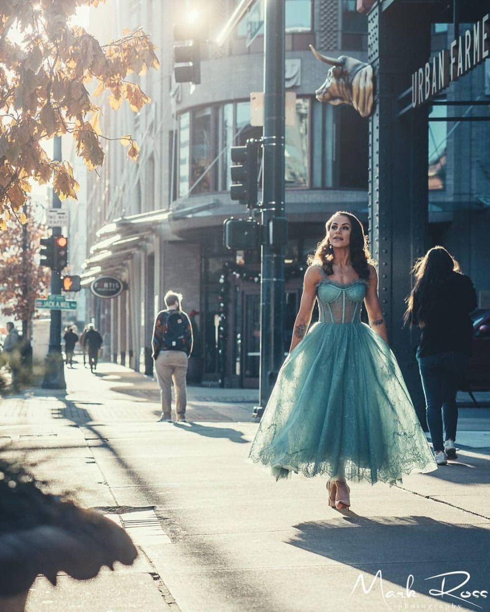 Blue Gray Lace Tulle Tea length Formal Prom Celebrity Inspired
