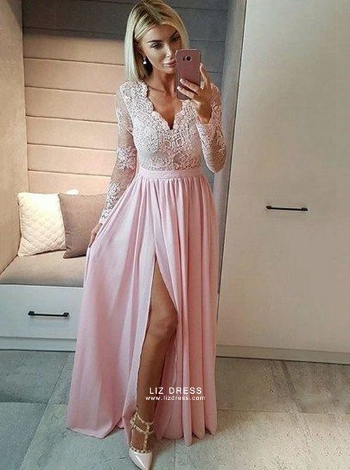 pink lace formal dress