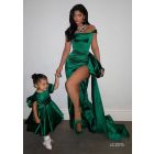 Kylie Jenner Green Off-the-shoulder Satin Formal Dress with Slit Christmas 2019