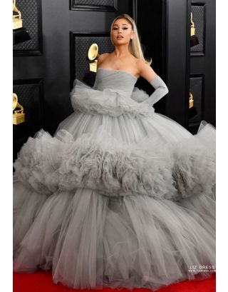 Ariana Grande Green Satin Strapless Ball Gown Formal Prom Dress Grammys ...