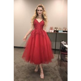 red tea length formal dress