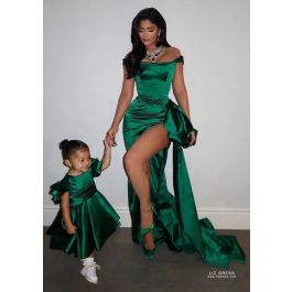 satin green dress long