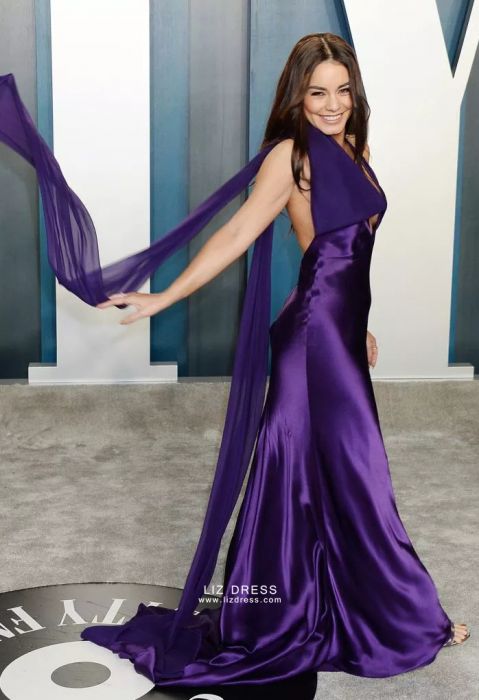 A Line V Neck Purple High Low Satin Prom Dresses, High Low Purple Form –  morievent