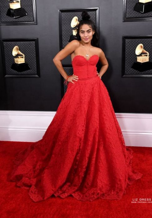 red strapless ball gown