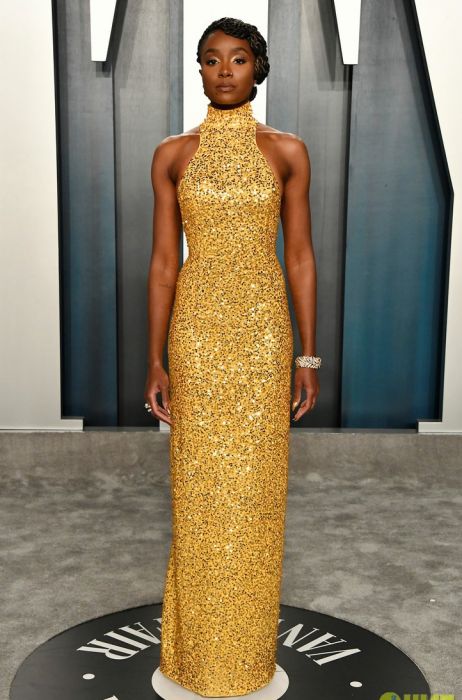 Kiki Layne Gold Sequin High-neck Formal Prom Dress Vanity Fair