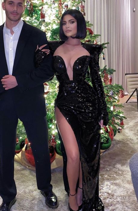 Kylie Jenner Inspired Black Sequin Long ...