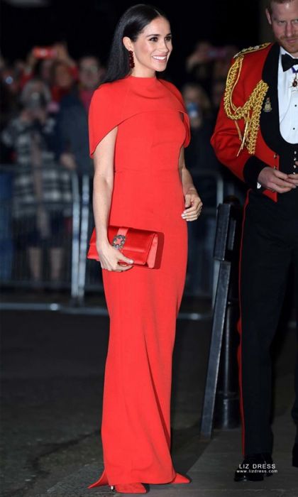Meghan Markle Inspired Red Cape Celebrity Formal Evening Dress