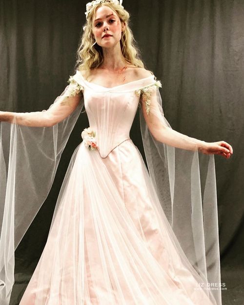 Elle Fanning Aurora Off-the-shoulder Tulle Wedding Dress in Movie  Maleficent 2
