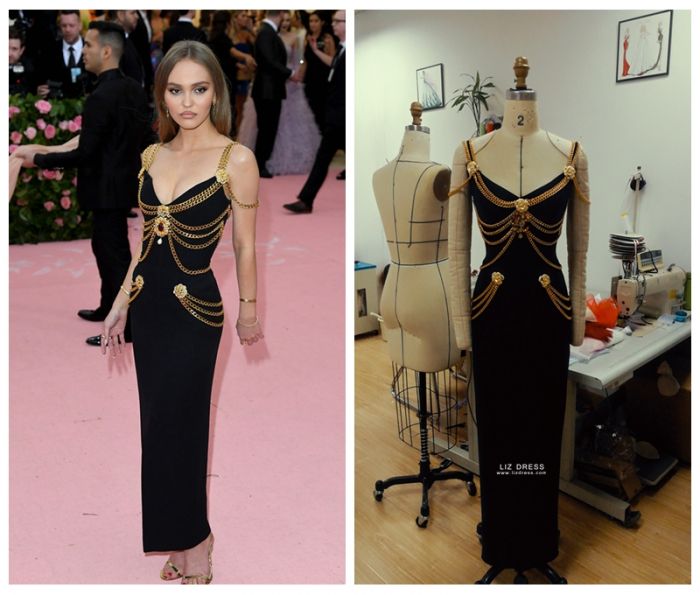 Lily-Rose Depp Black Formal Prom Celebrity Dress with Gold Chains Met Gala  2019