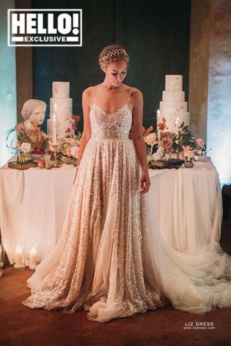 Leona Lewis Champagne Sequin Tulle Spaghetti Straps Celebrity Wedding Reception Dress