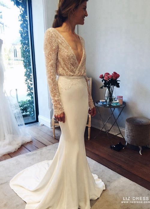 white long sleeve mermaid wedding dress