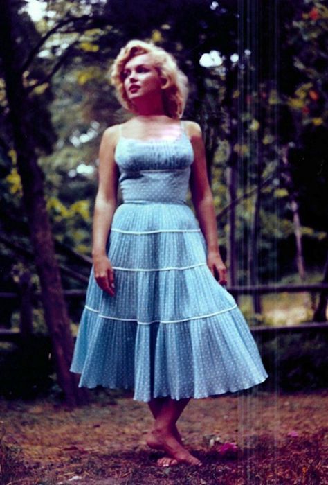 Blue Polka Dot Dress 1950s Fashion