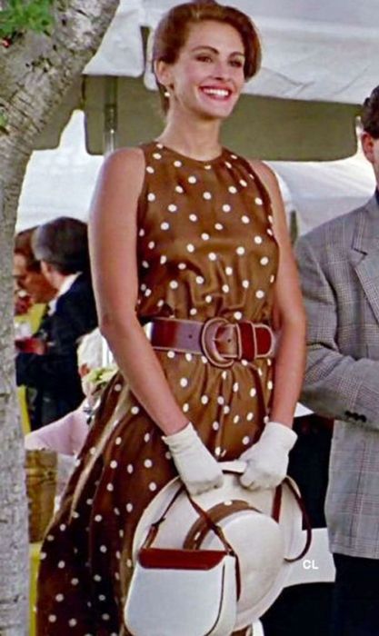 julia roberts inspired brown polka dot dress in movie pretty woman