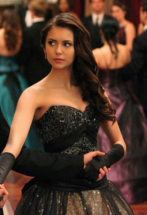 Nina Dobrev Black Strapless Sequin Ball Gown Dress in The Vampire Diaries