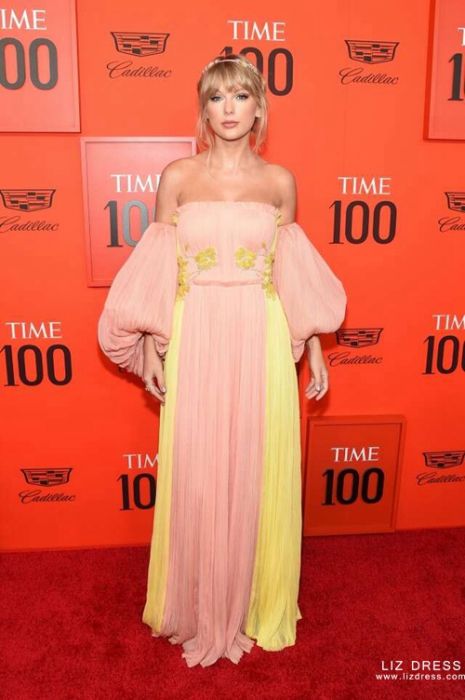 Taylor Swift Pink and Yellow Prom Celebrity Dress Time 100 Gala
