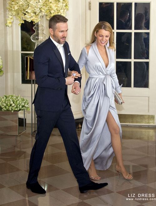 Blake Lively Silver Satin V-neck Formal Celebrity Dress State Dinner