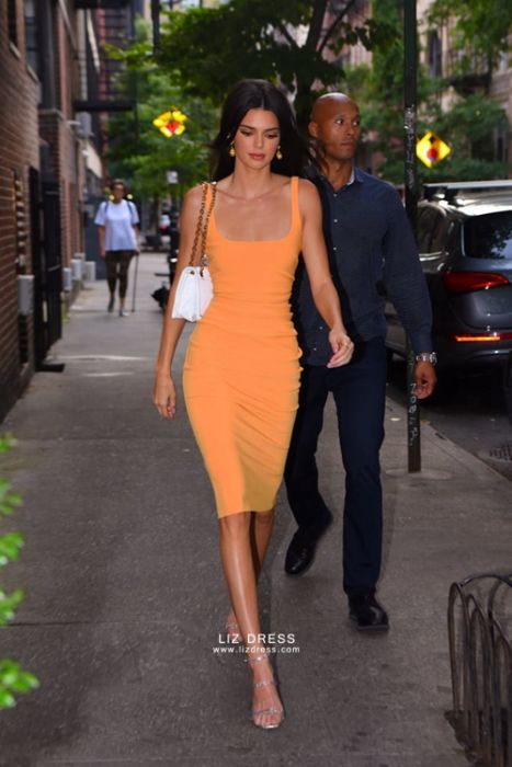 Kendall Jenner Orange Fitted Bodycon ...