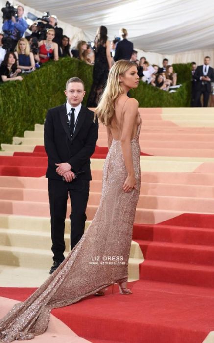 Stella Maxwell Rose Gold Sequin Backless Celebrity Dress Met Gala 2016
