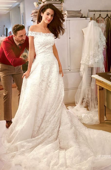 Amal Clooney Inspired Off-the-shoulder Lace Celebrity Wedding Dress