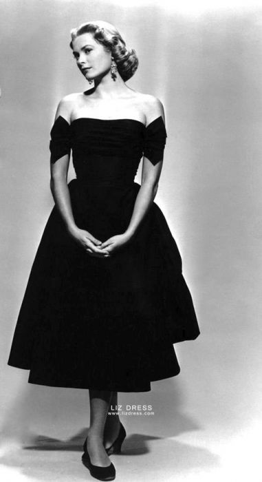 Grace Kelly Black Tea length Off the shoulder Vintage Celebrity Dress