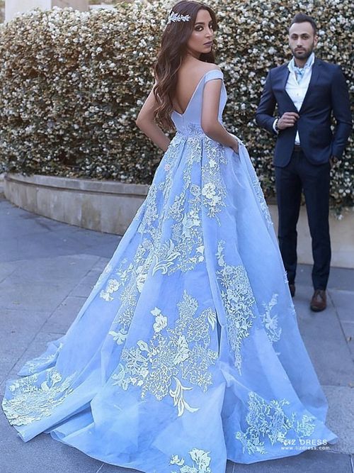 light blue embroidered prom dress