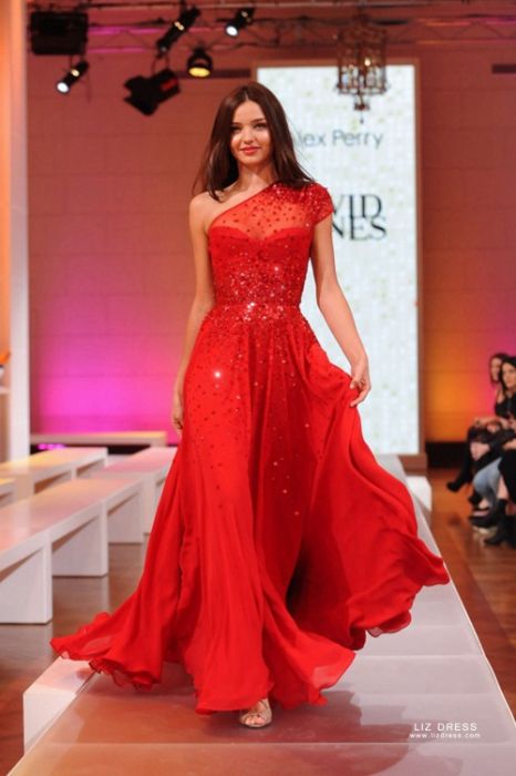 Miranda Kerr Red One-shoulder Sequined Chiffon Formal Prom Dress David Jones