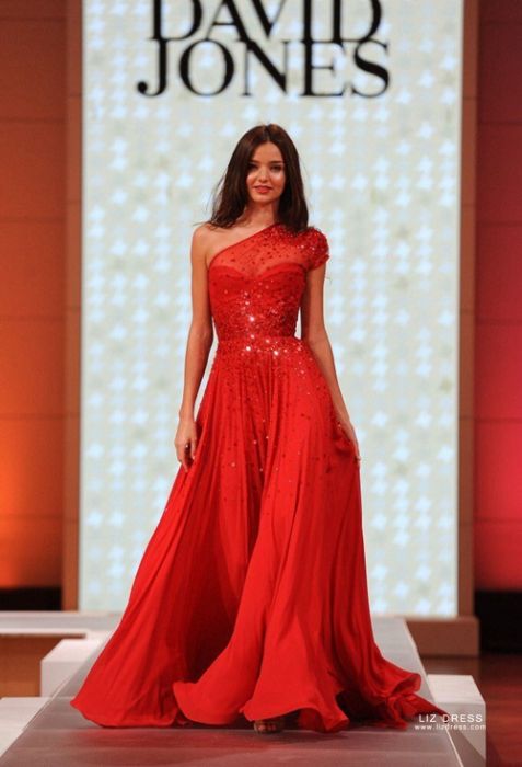 Miranda Kerr Red One-shoulder Sequined Chiffon Formal Prom Dress David Jones