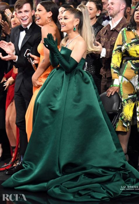 Ariana Grande Green Satin Strapless Ball Gown Formal Prom Dress Grammys 2020